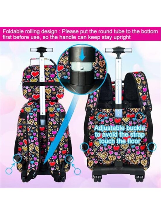 Hearts Print Rolling Backpack Wheels Lunch Box Pencil Bag Girls main image 5